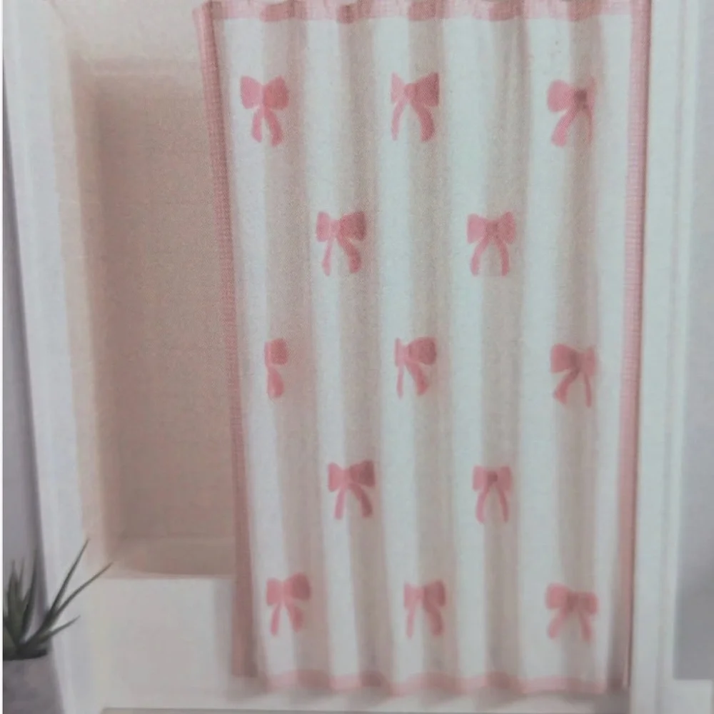Rachel Zoe White Shower Curtain with raised Pink Bow Accents